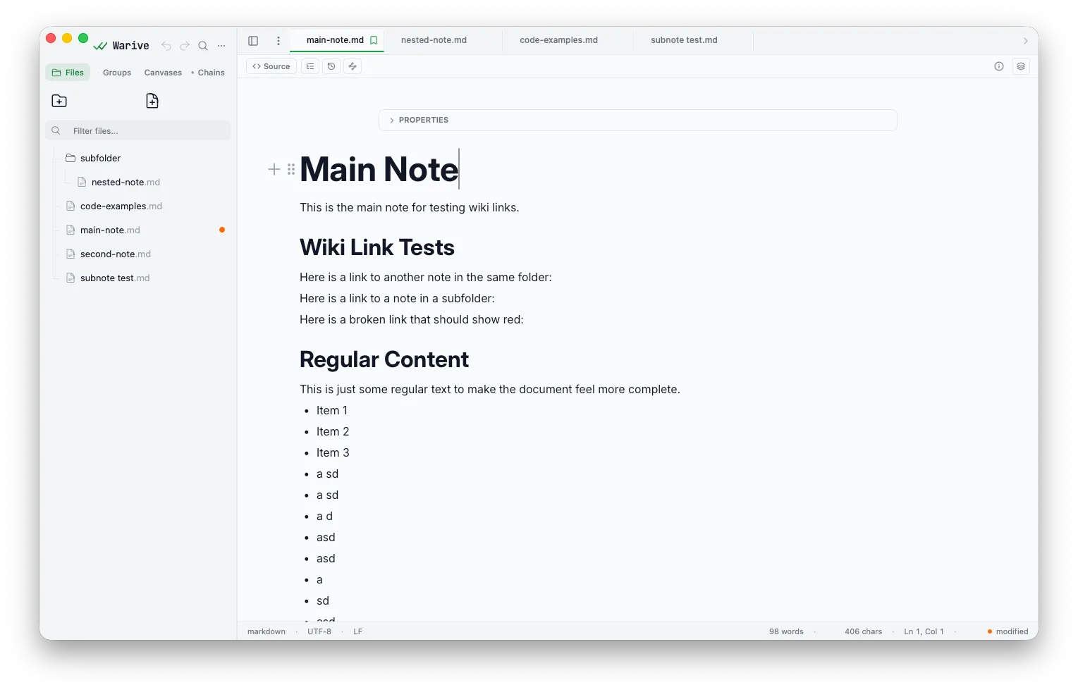Warive note editor with a file sidebar and multiple open notes in tabs